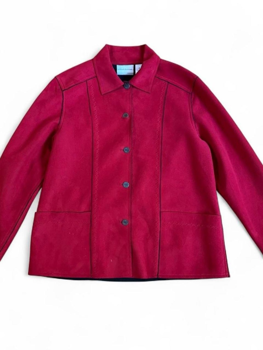 Little Red Riding Hood lightweight coat with black trim and floral buttons